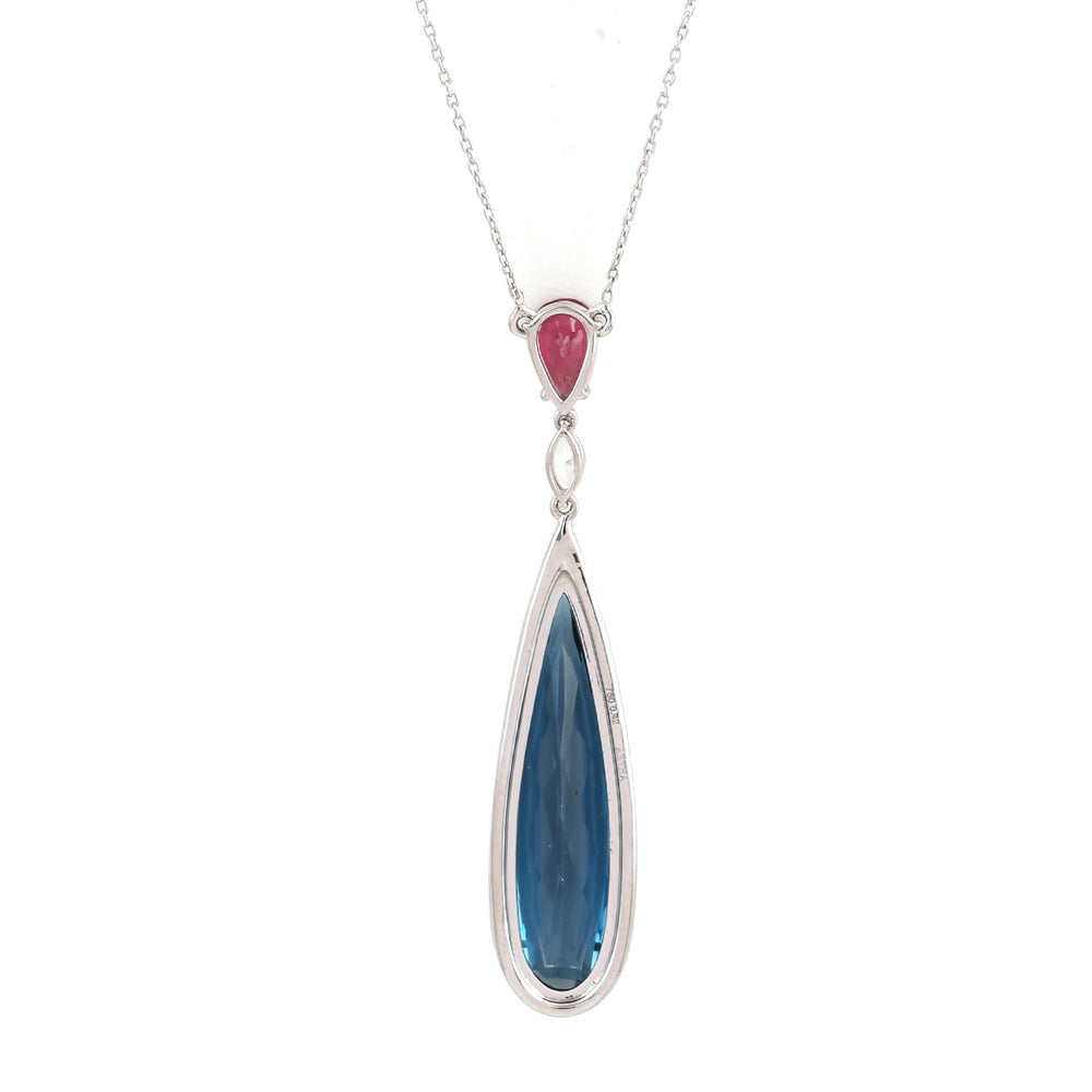 18K White Gold Pear Cut Blue Topaz Pink Tourmaline Prong Diamond Choker Necklace