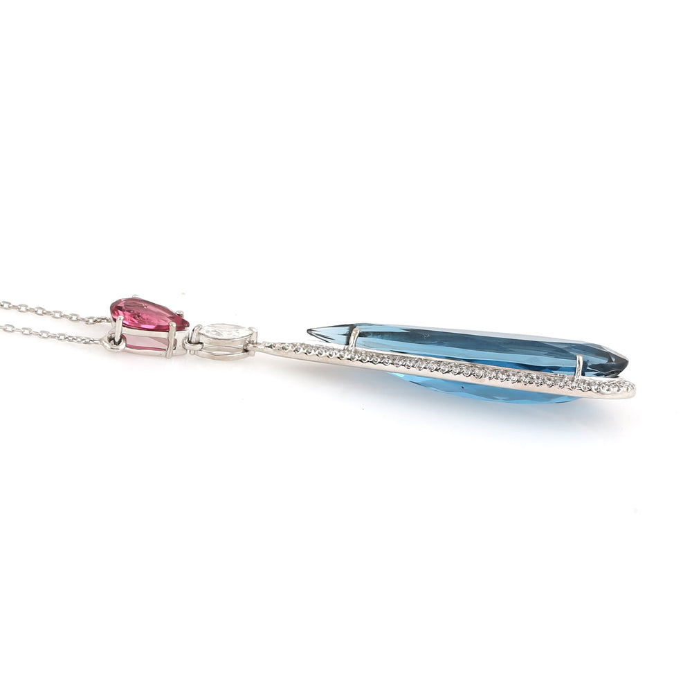 18K White Gold Pear Cut Blue Topaz Pink Tourmaline Prong Diamond Choker Necklace
