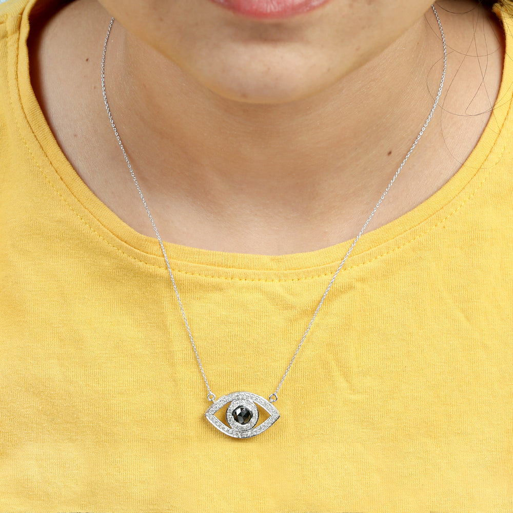 Black and White Diamond Evil Eye Necklace in 18K White Gold