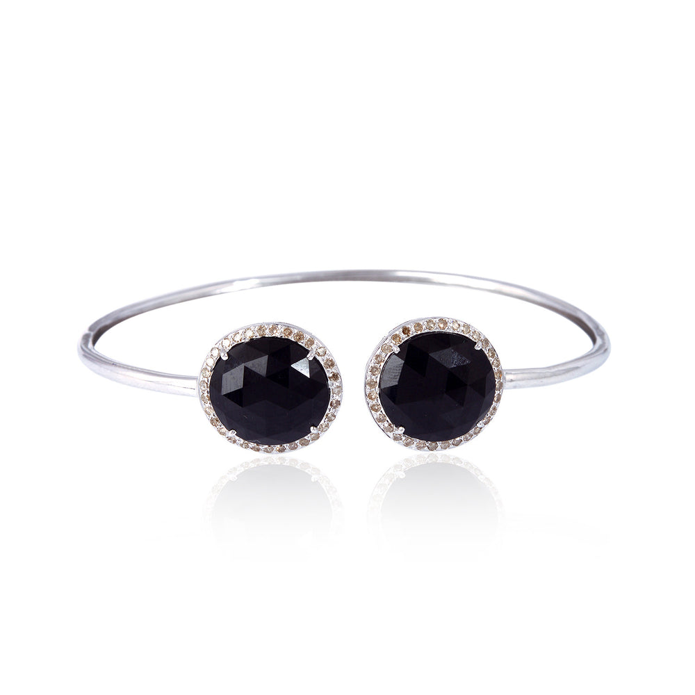 Open Bangle Black Onyx Diamond Halo Bracelet in 14K White Gold