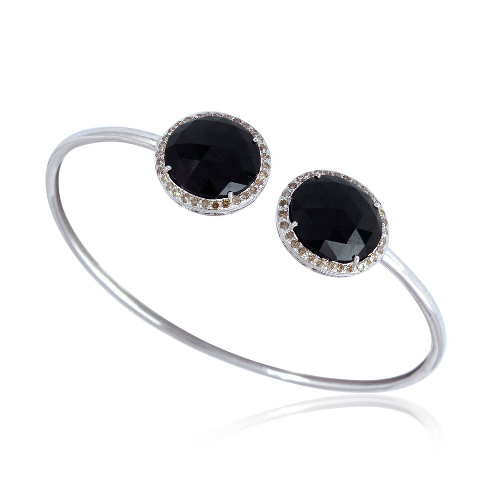 Open Bangle Black Onyx Diamond Halo Bracelet in 14K White Gold