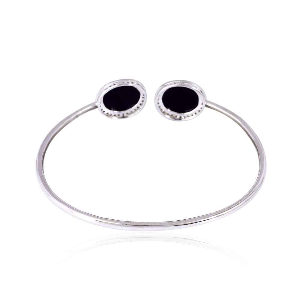 Open Bangle Black Onyx Diamond Halo Bracelet in 14K White Gold