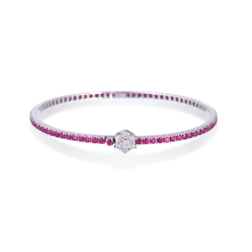 14K White Gold Ruby Bangle with Diamond Center Elegant Minimal Design
