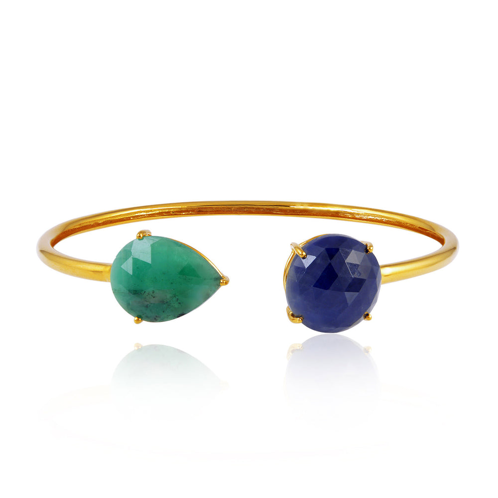 Emerald & Blue Sapphire Open Cuff Gemstone Bracelet in 18K Yellow Gold
