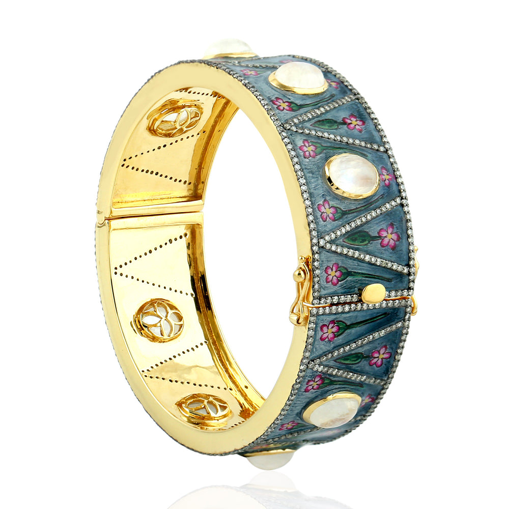 Moonstone & Diamond Floral Enamel Bangle in 18K Yellow Gold Silver