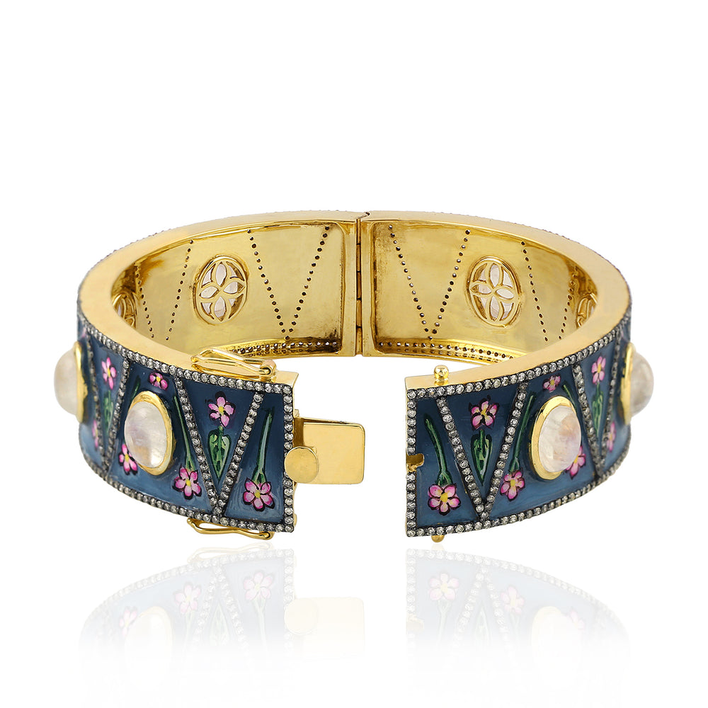Moonstone & Diamond Floral Enamel Bangle in 18K Yellow Gold Silver