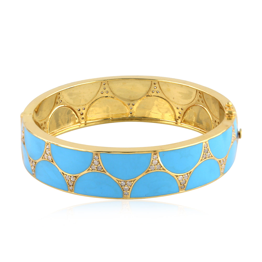 Turquoise Enamel & Diamond Inlay Bangle Bracelet in 18K Yellow Gold Silver