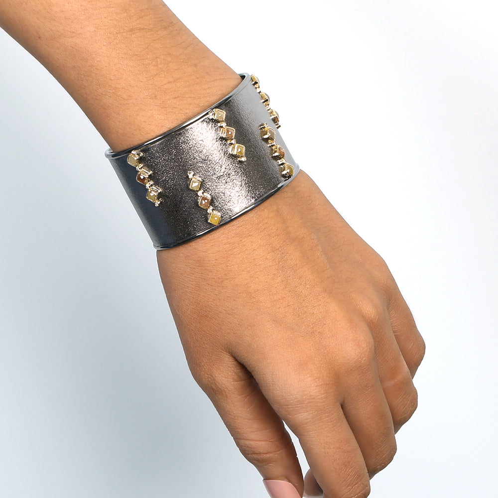 Square Cut Ice Diamond Open Wide Cuff Bracelet In 18K Oxidized Gold 925 Sterling Silver