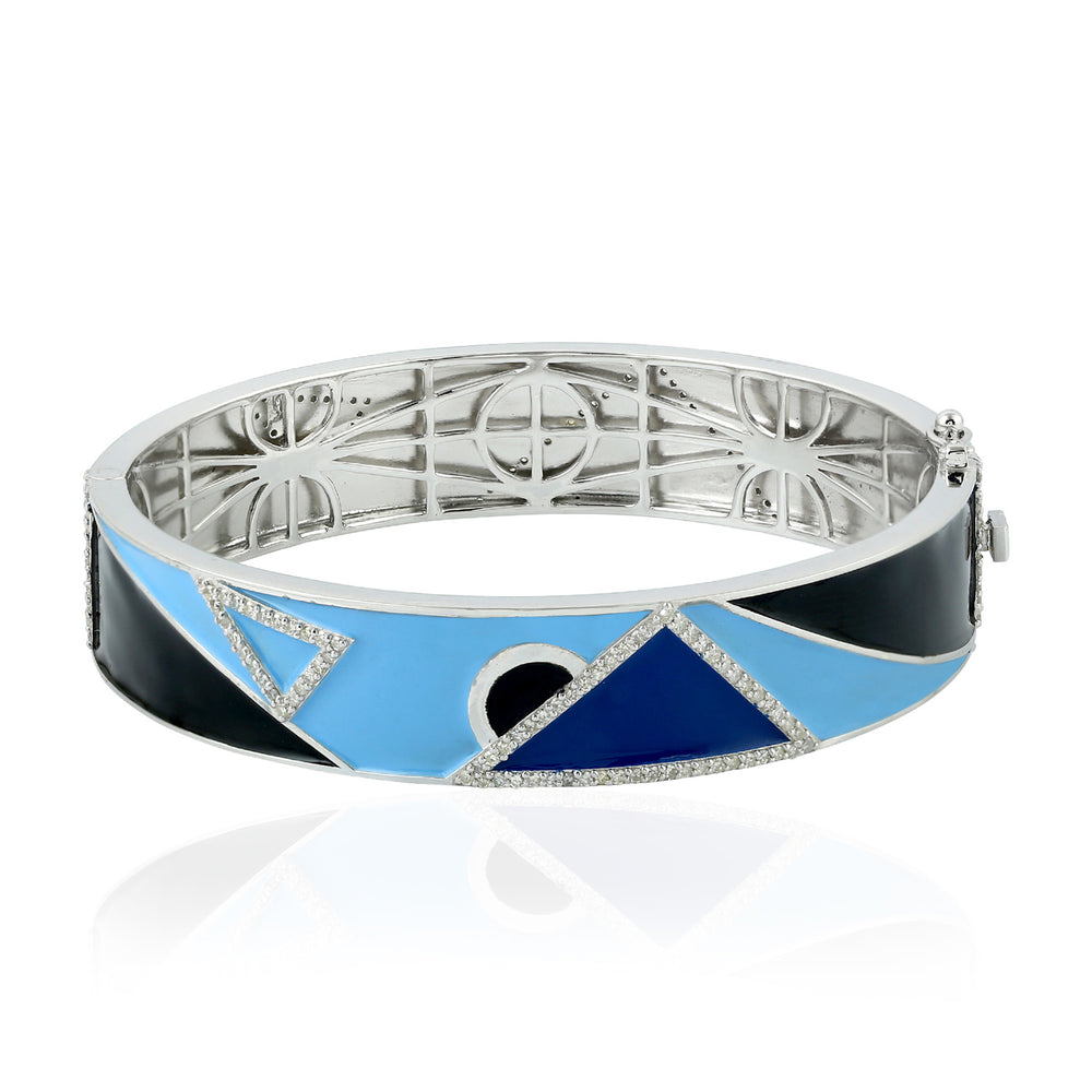 Geometric Blue Enamel & Diamond Accent Modern Bangle in 18K White Gold