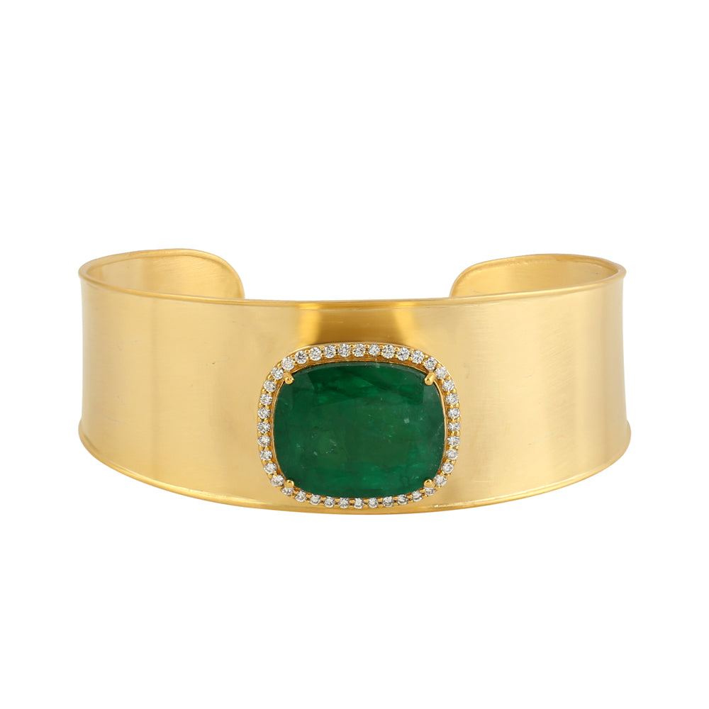 Cushion-Cut Emerald & Diamond Halo Wide Cuff Bracelet in 18K Yellow Gold
