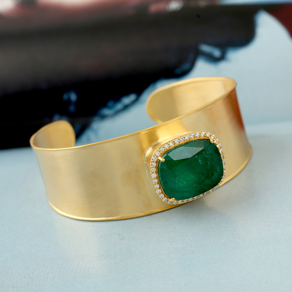 Cushion-Cut Emerald & Diamond Halo Wide Cuff Bracelet in 18K Yellow Gold