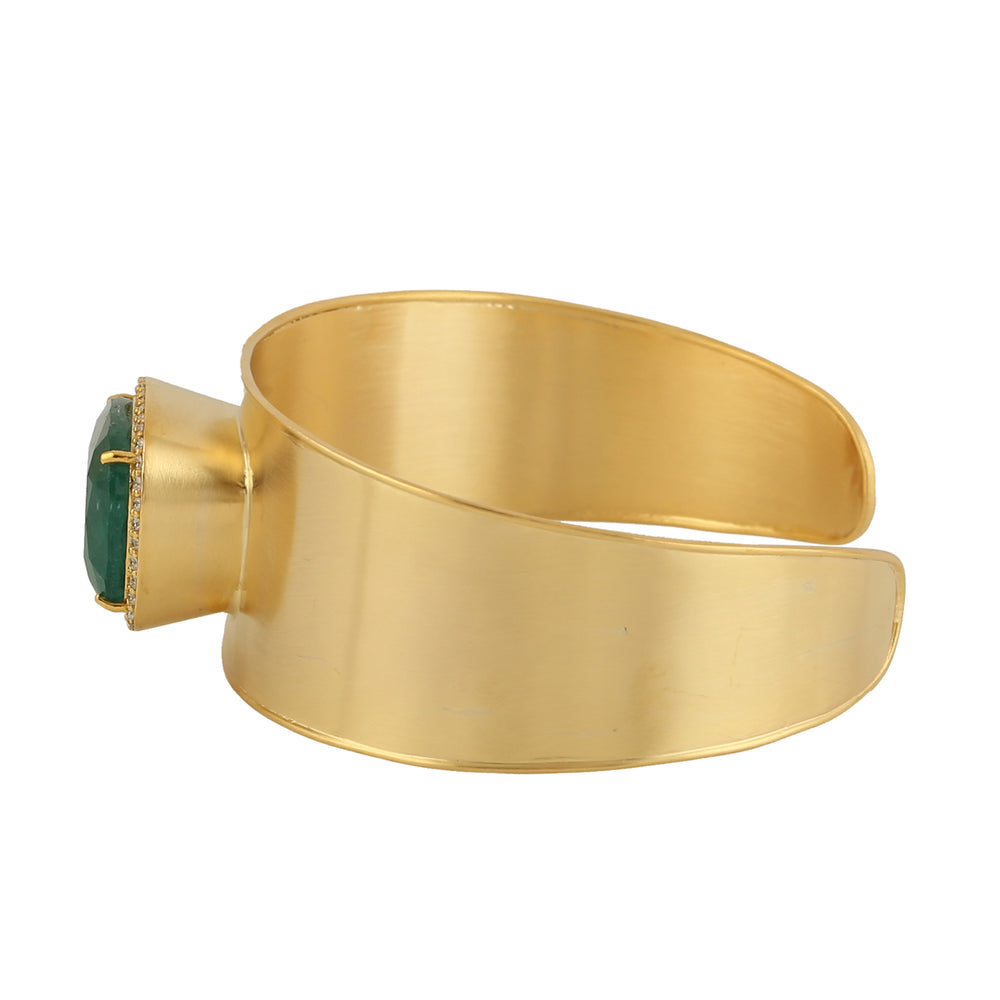 Cushion-Cut Emerald & Diamond Halo Wide Cuff Bracelet in 18K Yellow Gold