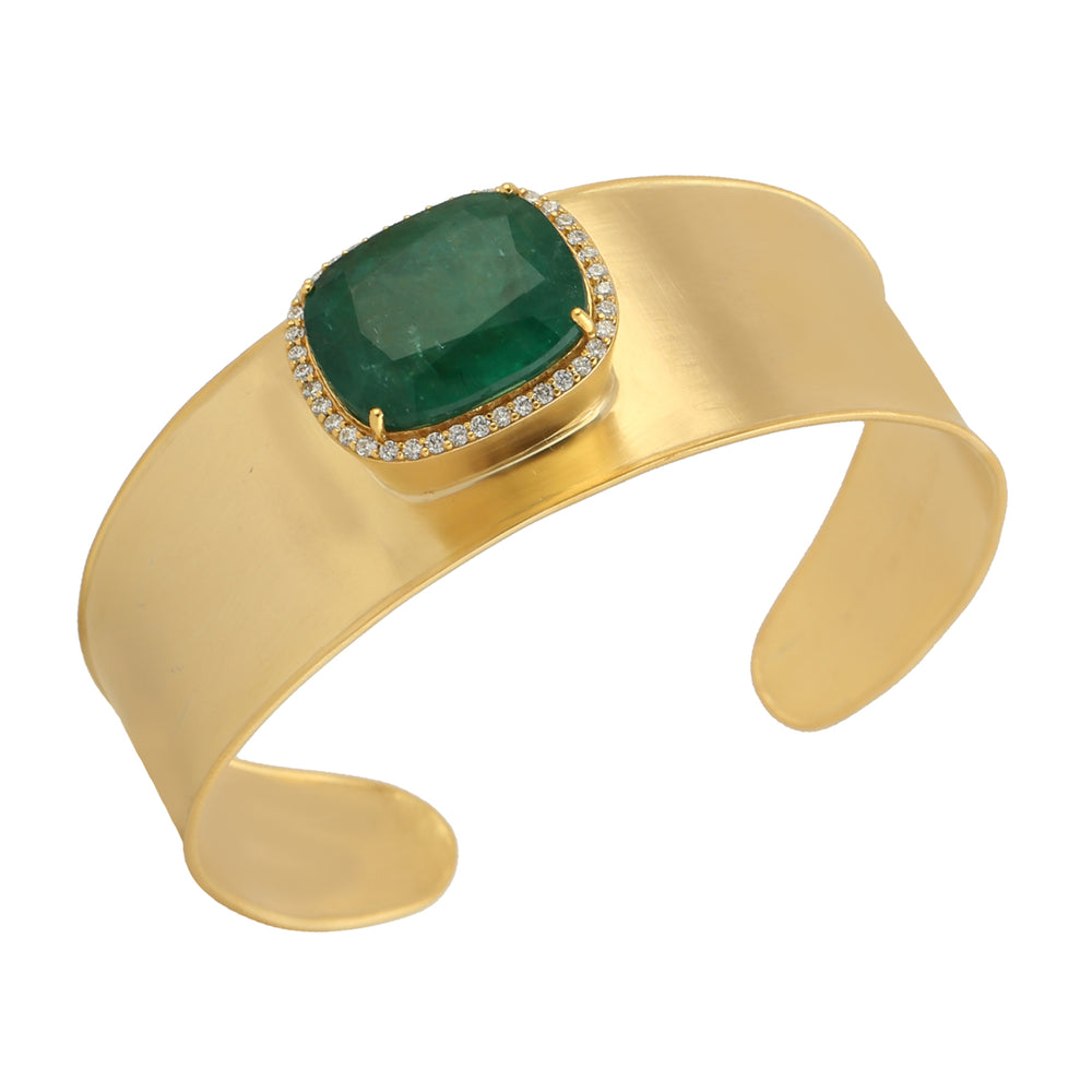 Cushion-Cut Emerald & Diamond Halo Wide Cuff Bracelet in 18K Yellow Gold
