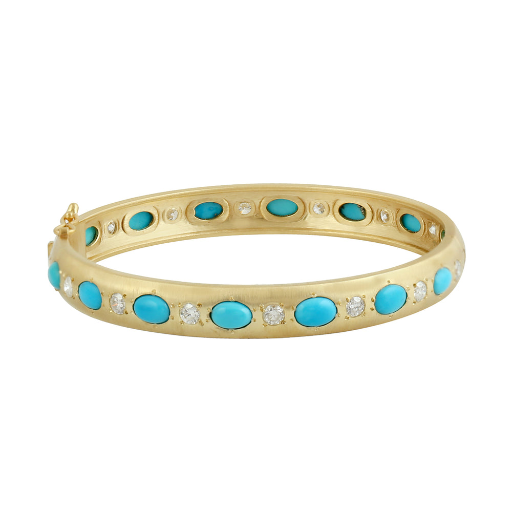 Natural Turquoise Diamond Wedding Bangle In 10k Yellow Gold For Her