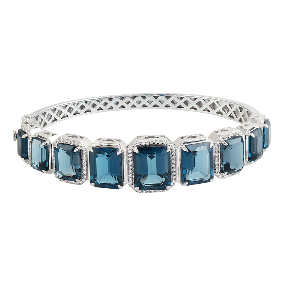 London Blue Topaz Emerald Cut Pave Diamond Bangle Bracelet in 14K White Gold