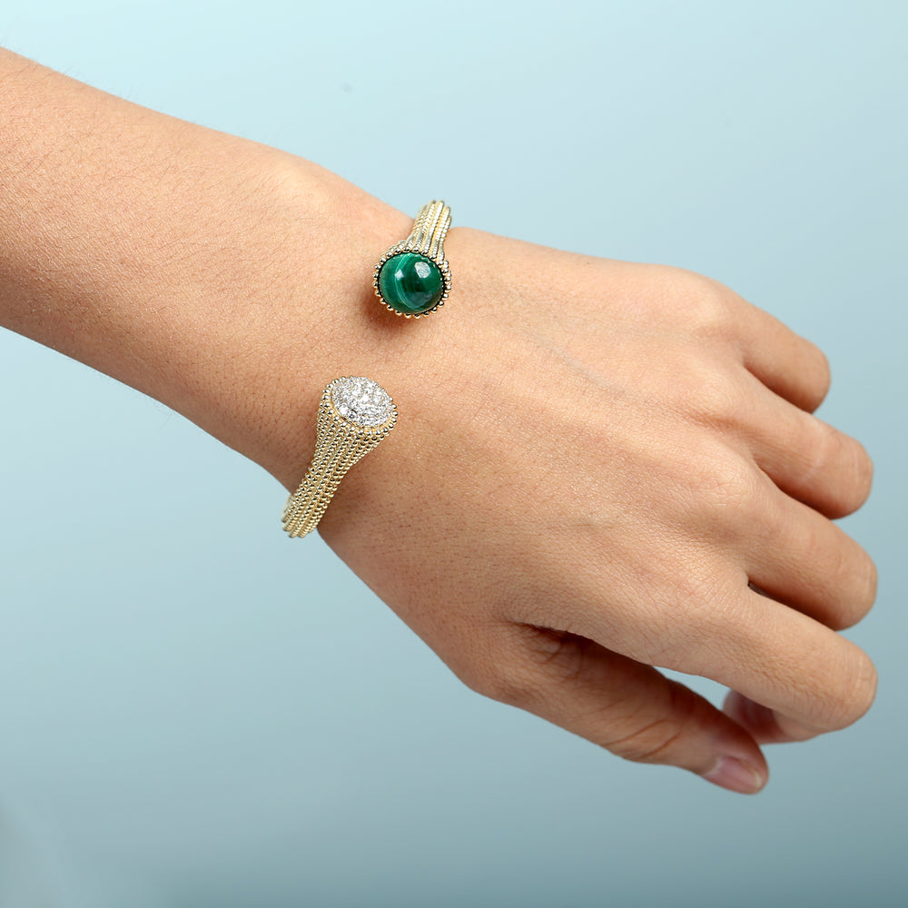 Malachite & Diamond Beaded Cuff Bracelet in 18K Yellow Gold