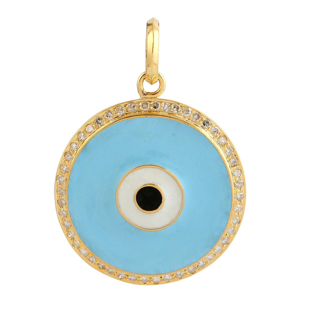 18K Yellow Gold Enamel Evil Eye Charm Pendant With Pave Diamond
