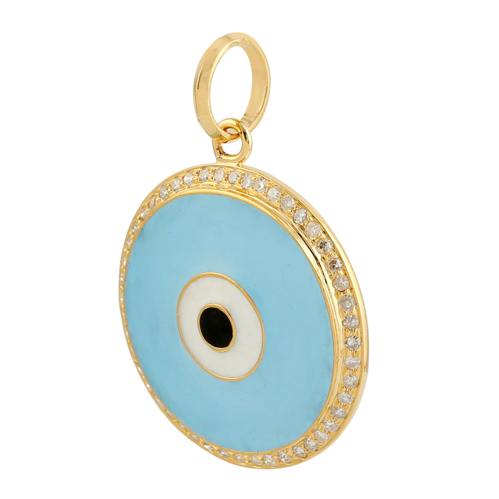 18K Yellow Gold Enamel Evil Eye Charm Pendant With Pave Diamond
