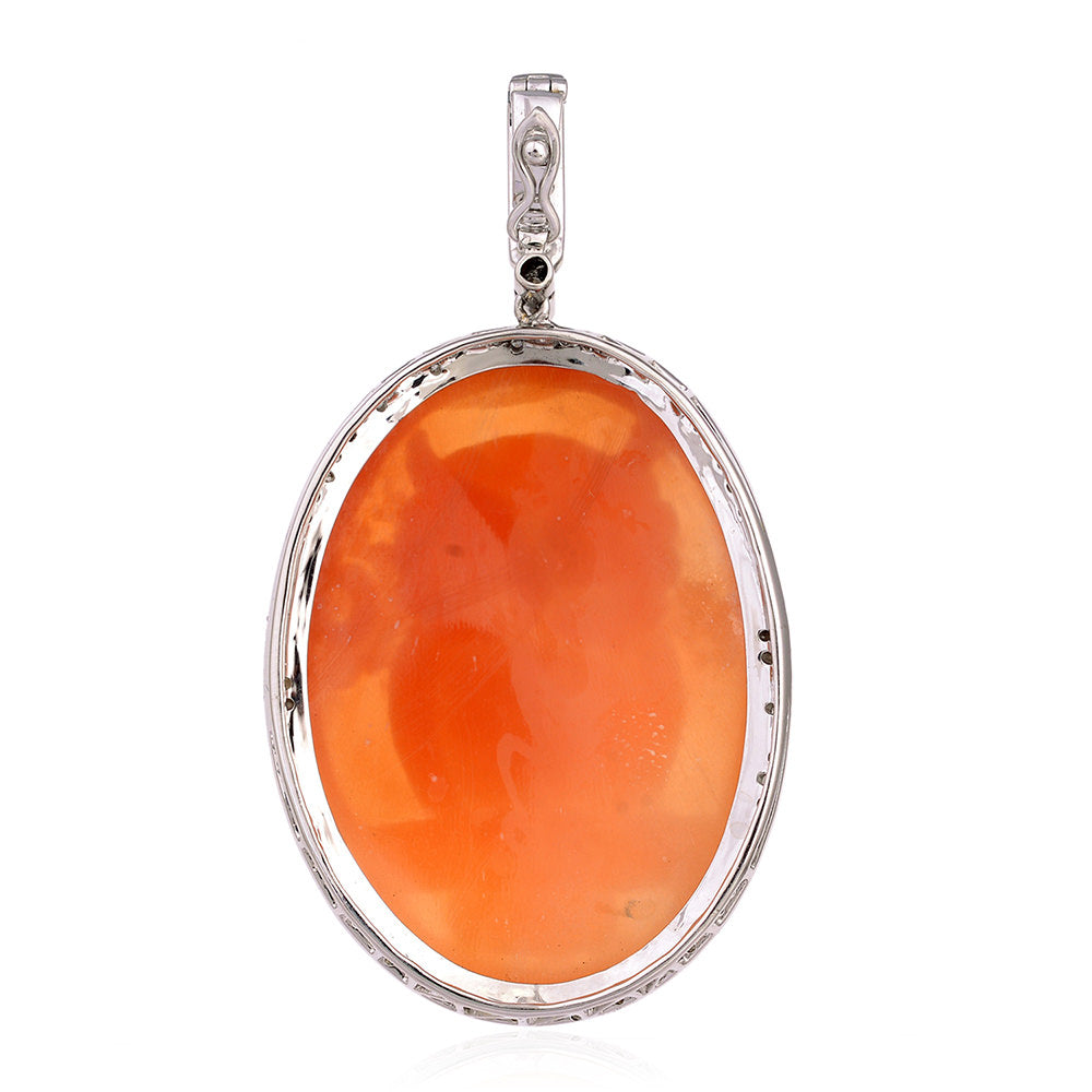 Carved Shell Cameo Pave Diamond Owl Pendant in 18K White Gold