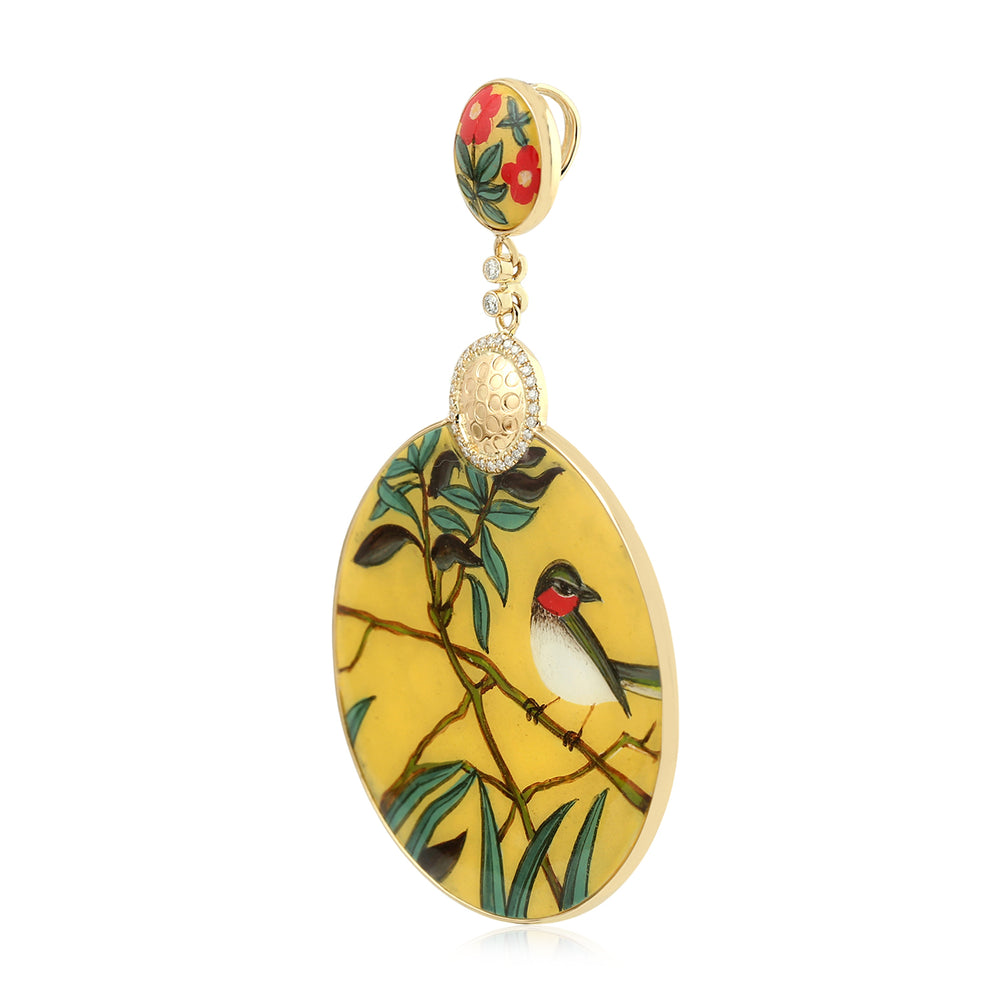 Floral & Bird Enamel Mother-of-Pearl & Diamond Pendant in 18K Yellow Gold