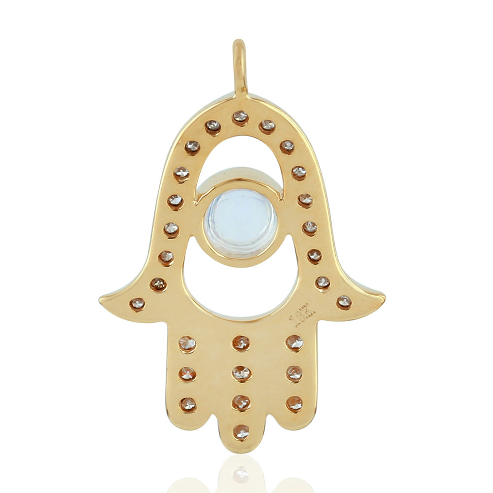 Bezel Moonstone Pave Diamond Hamsa Charm Pendant In 18K Yellow Gold