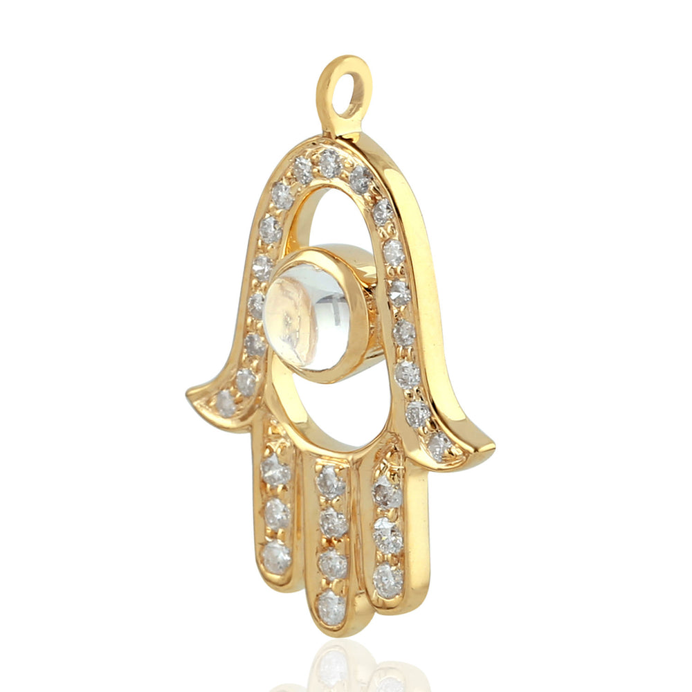 Bezel Moonstone Pave Diamond Hamsa Charm Pendant In 18K Yellow Gold