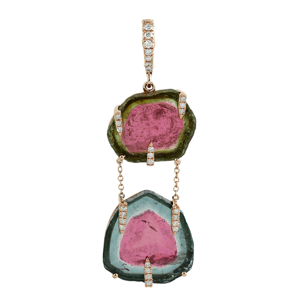 18K Rose Gold Prong Tourmaline Melon Pave Diamond Designer Pendant