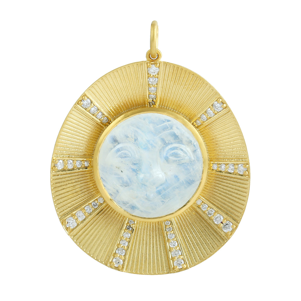 Carved Moonstone Pave Diamond Pendant in 14K Yellow Gold