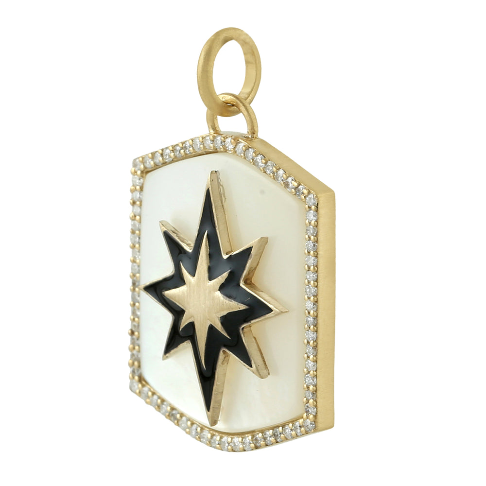 Fancy Cut MOP Pave Diamond Star Enamel Pendant In 14K Yellow Gold