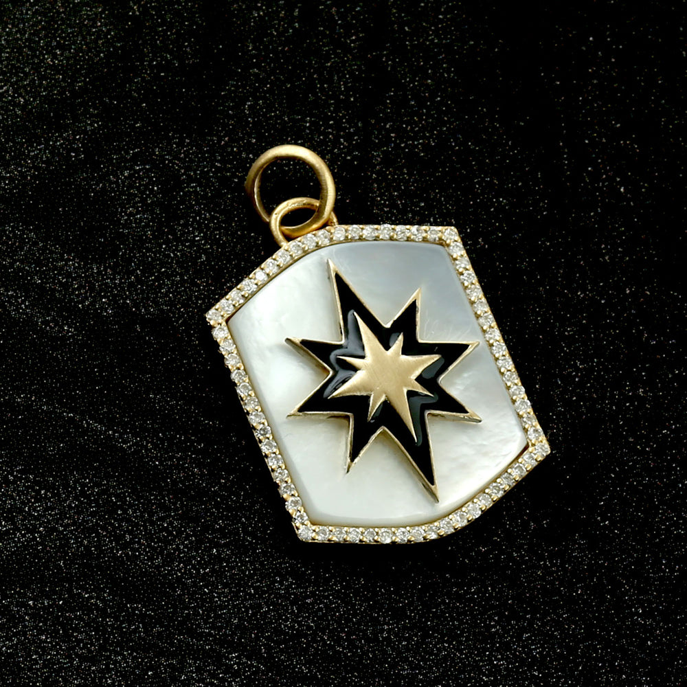 Fancy Cut MOP Pave Diamond Star Enamel Pendant In 14K Yellow Gold