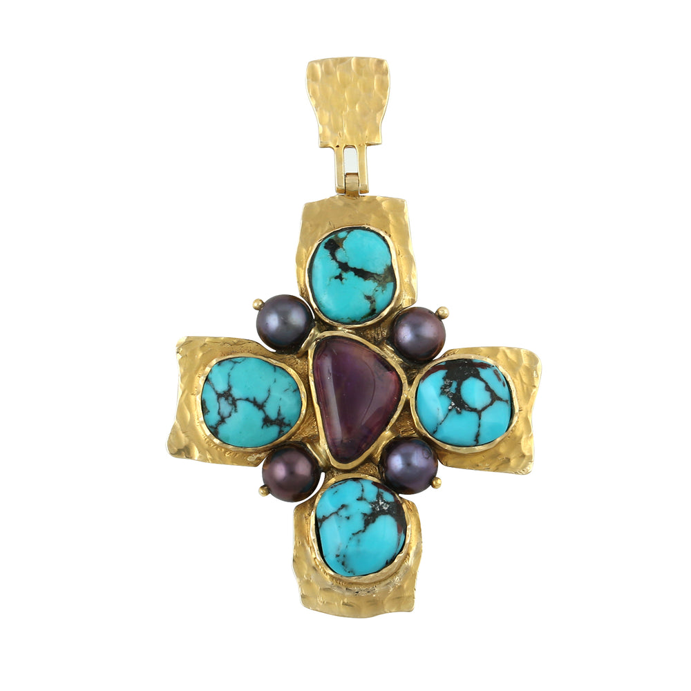 Turquoise Amethyst Pearl Chinese Unique Design Pendant In 18k Gold For Gift