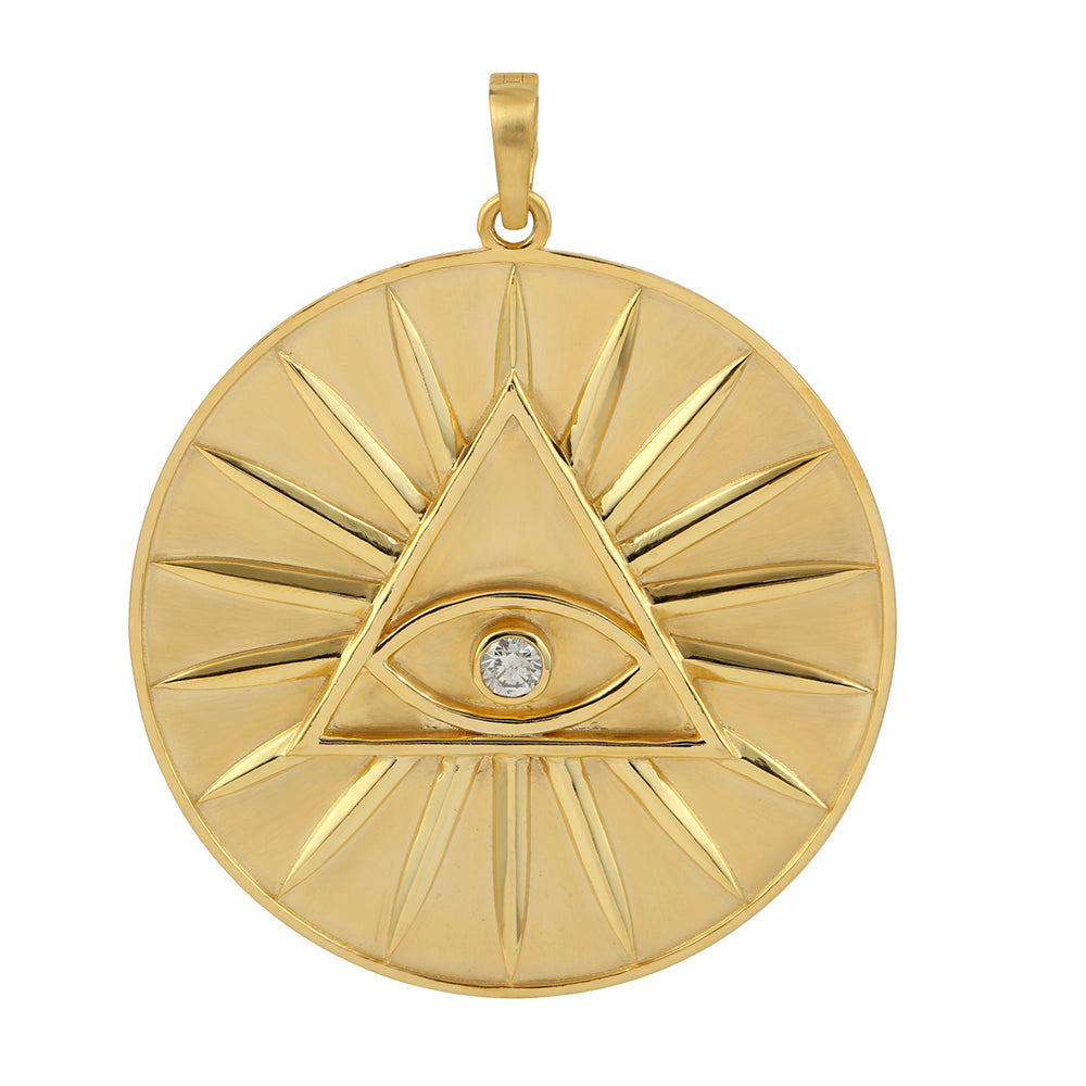 14K Yellow Gold Bezel Diamond Evil Eye With Triangle Charm Pendant