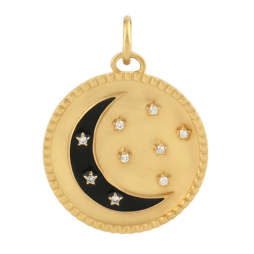 14K Yellow Gold Prong Diamond Crescent Star Enamel Charm Pendant