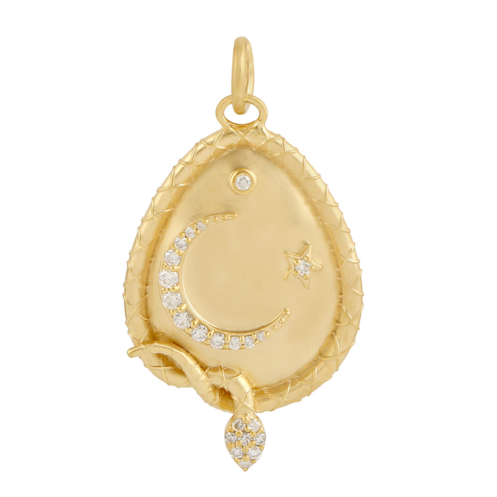 14K Yellow Gold Pave Diamond Carved Snake Crescent Moon Star Drop Pendant