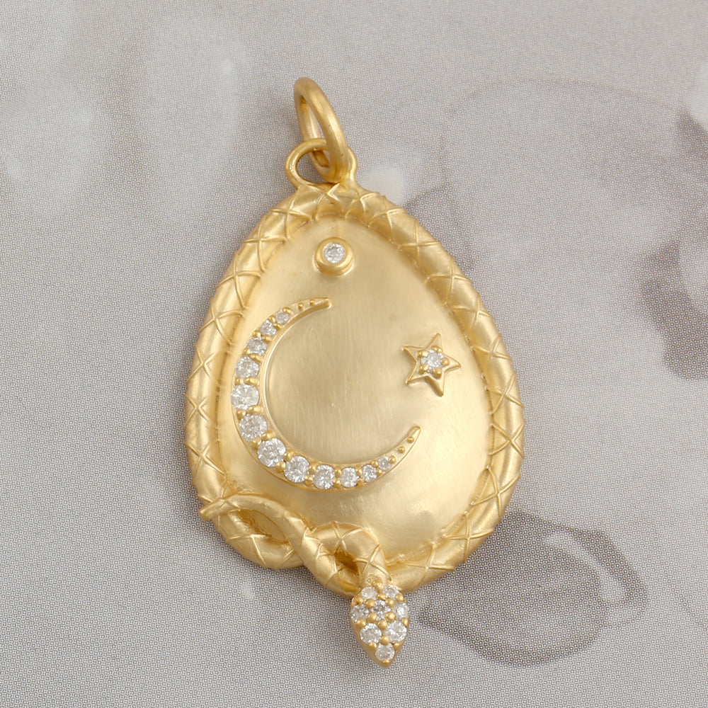 14K Yellow Gold Pave Diamond Carved Snake Crescent Moon Star Drop Pendant