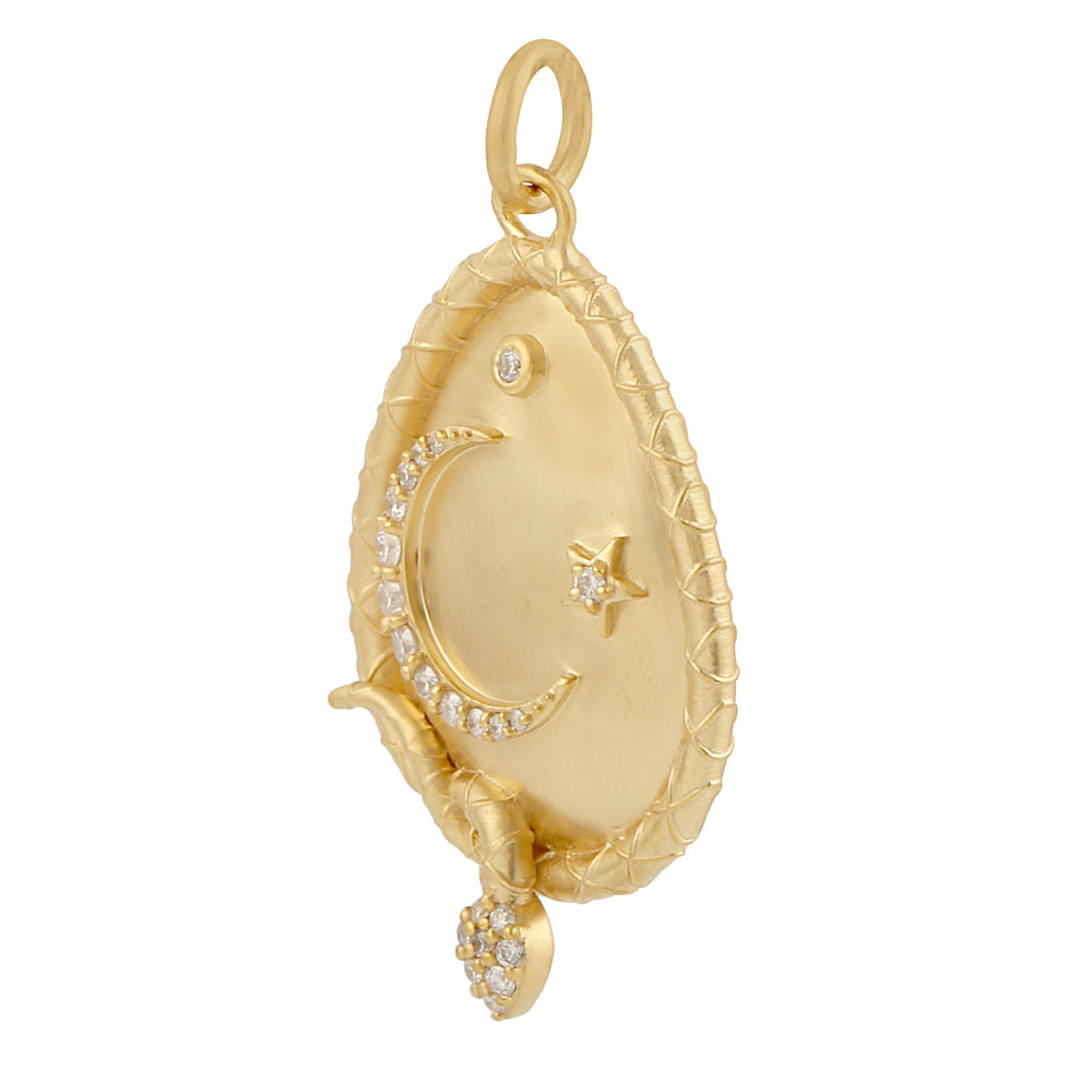 14K Yellow Gold Pave Diamond Carved Snake Crescent Moon Star Drop Pendant