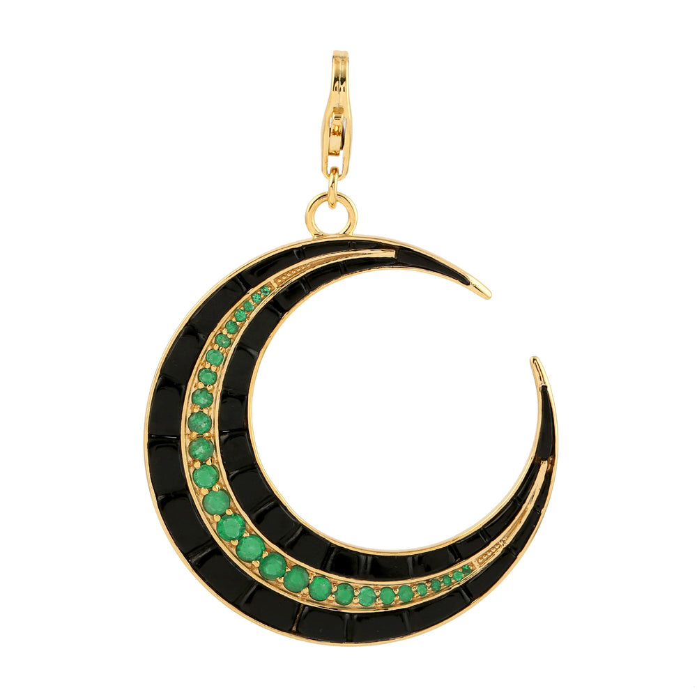 18k Yellow Gold Black Onyx Pave Emerald Crescent Moon Pendant