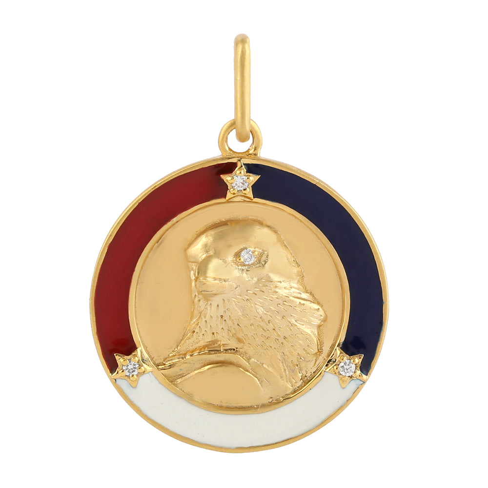 Prong Diamond Eagle Head USA Symbol Enamel Pendant In 14k Yellow Gold