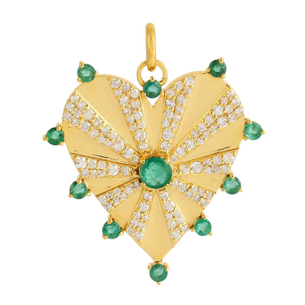 14k Yellow Gold Pave Emerald Gemstone Diamond Heart Pendant