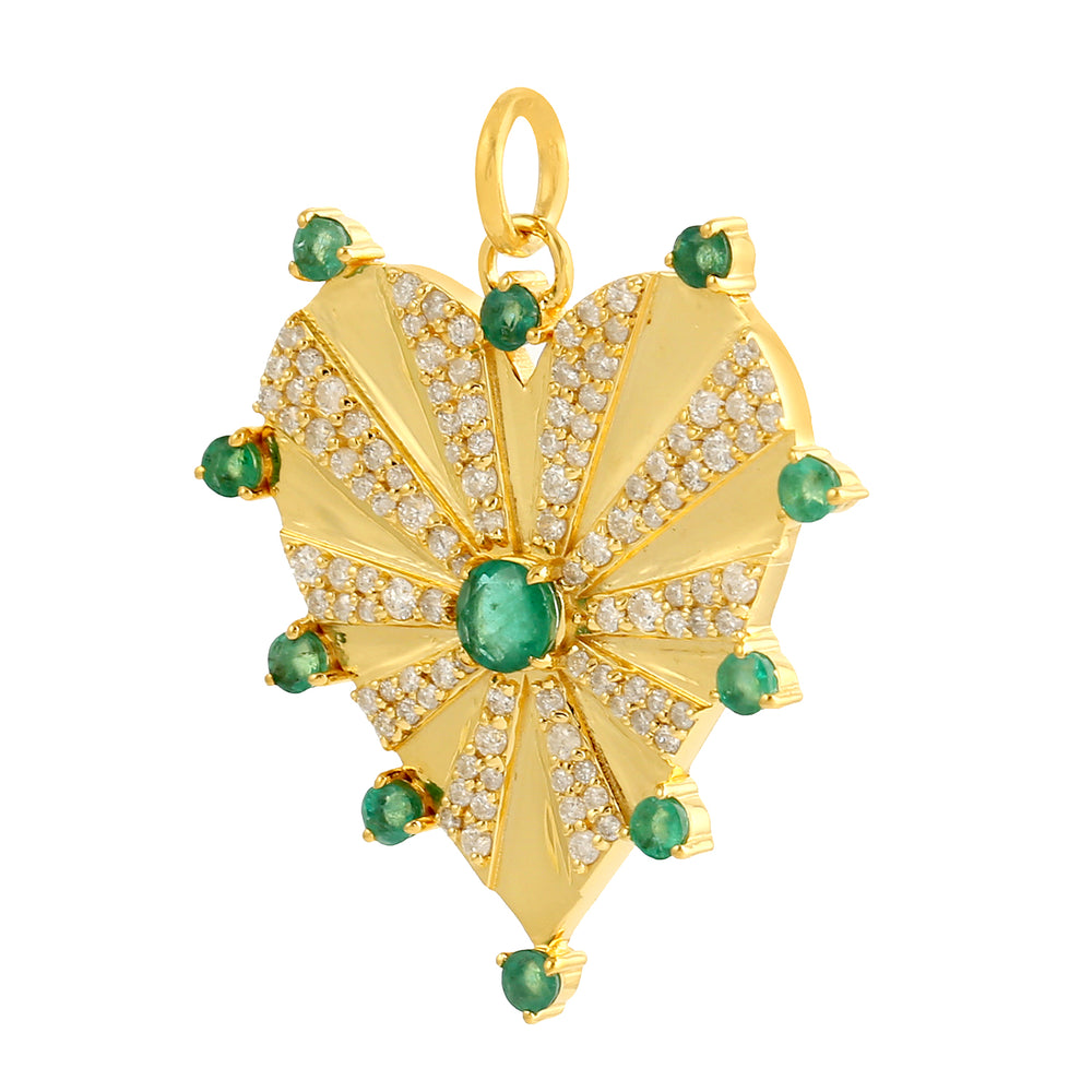 14k Yellow Gold Pave Emerald Gemstone Diamond Heart Pendant