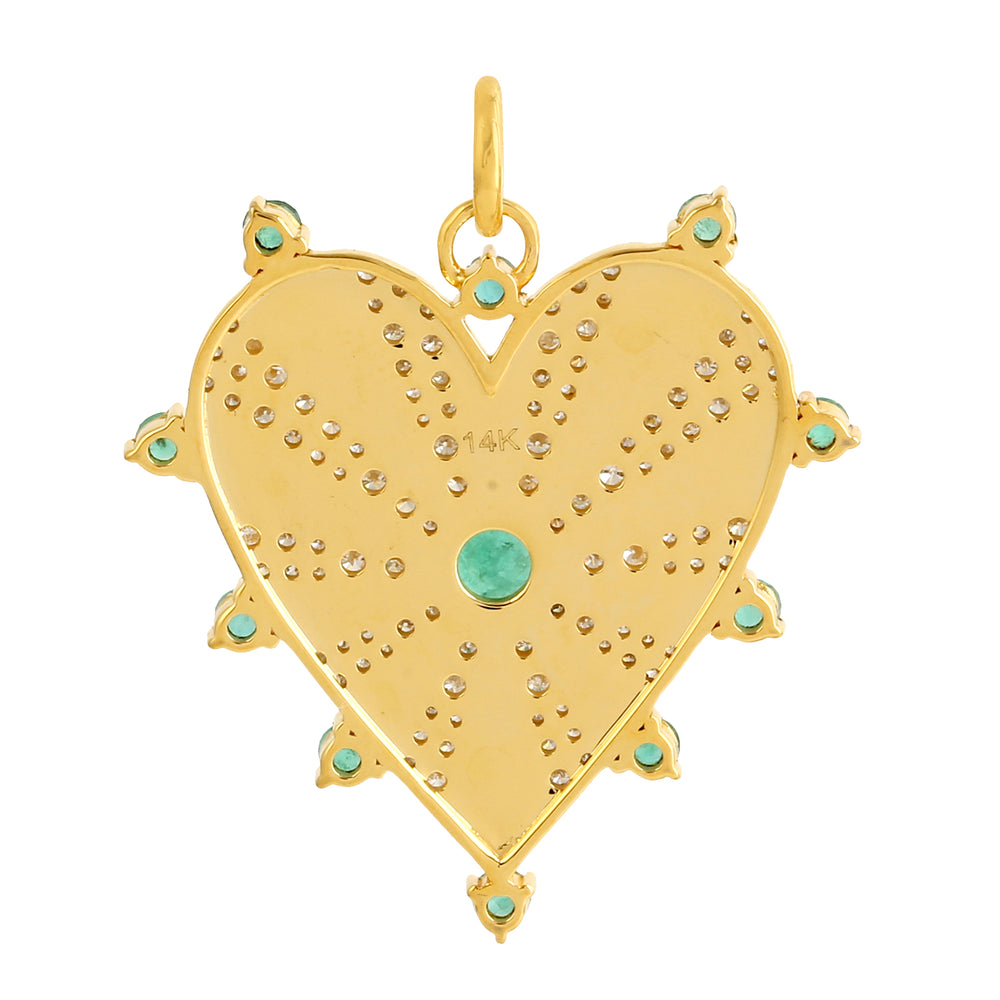 14k Yellow Gold Pave Emerald Gemstone Diamond Heart Pendant