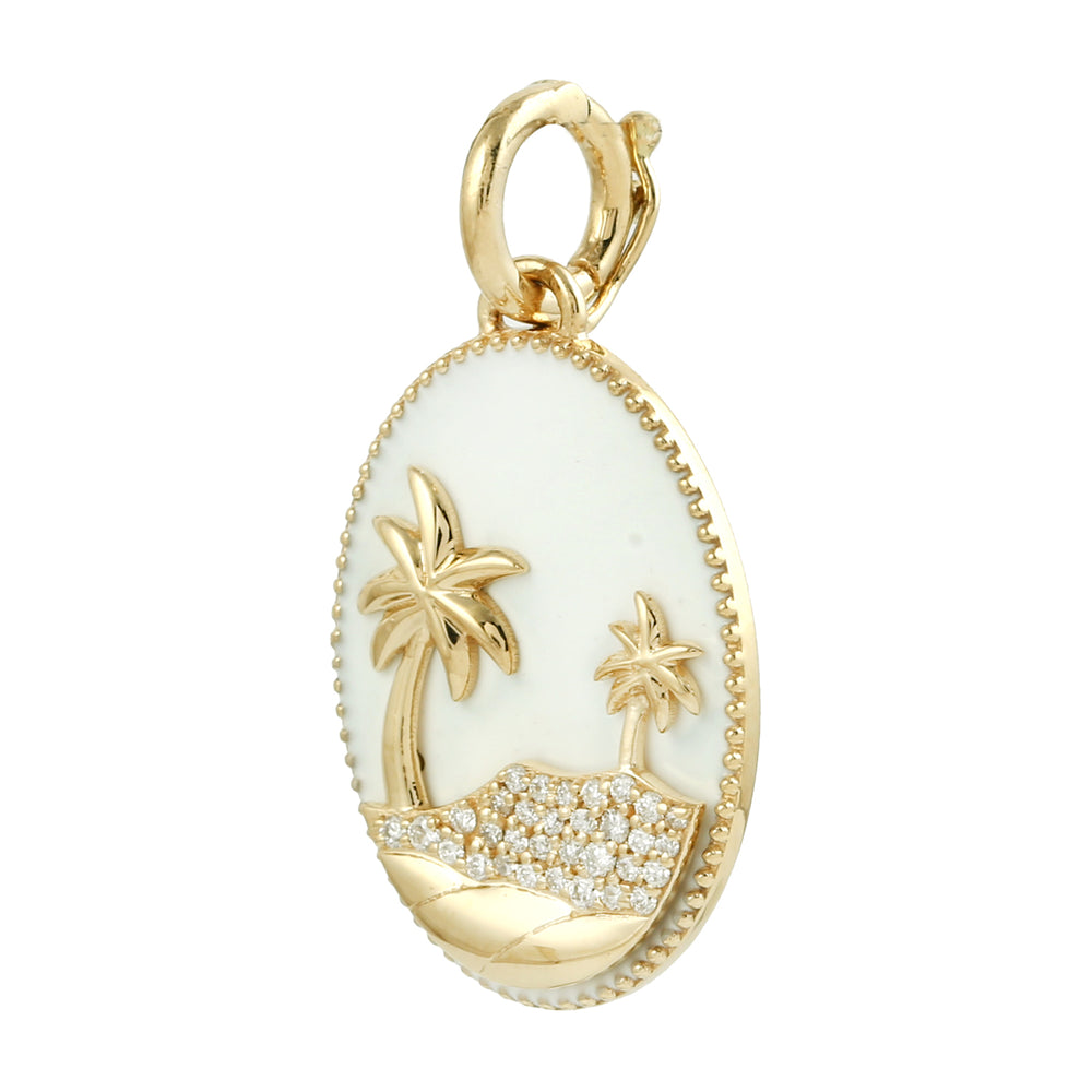 Natural Diamond Coconut Tree Beach Charm Enamel 18k Yellow Gold Pendant