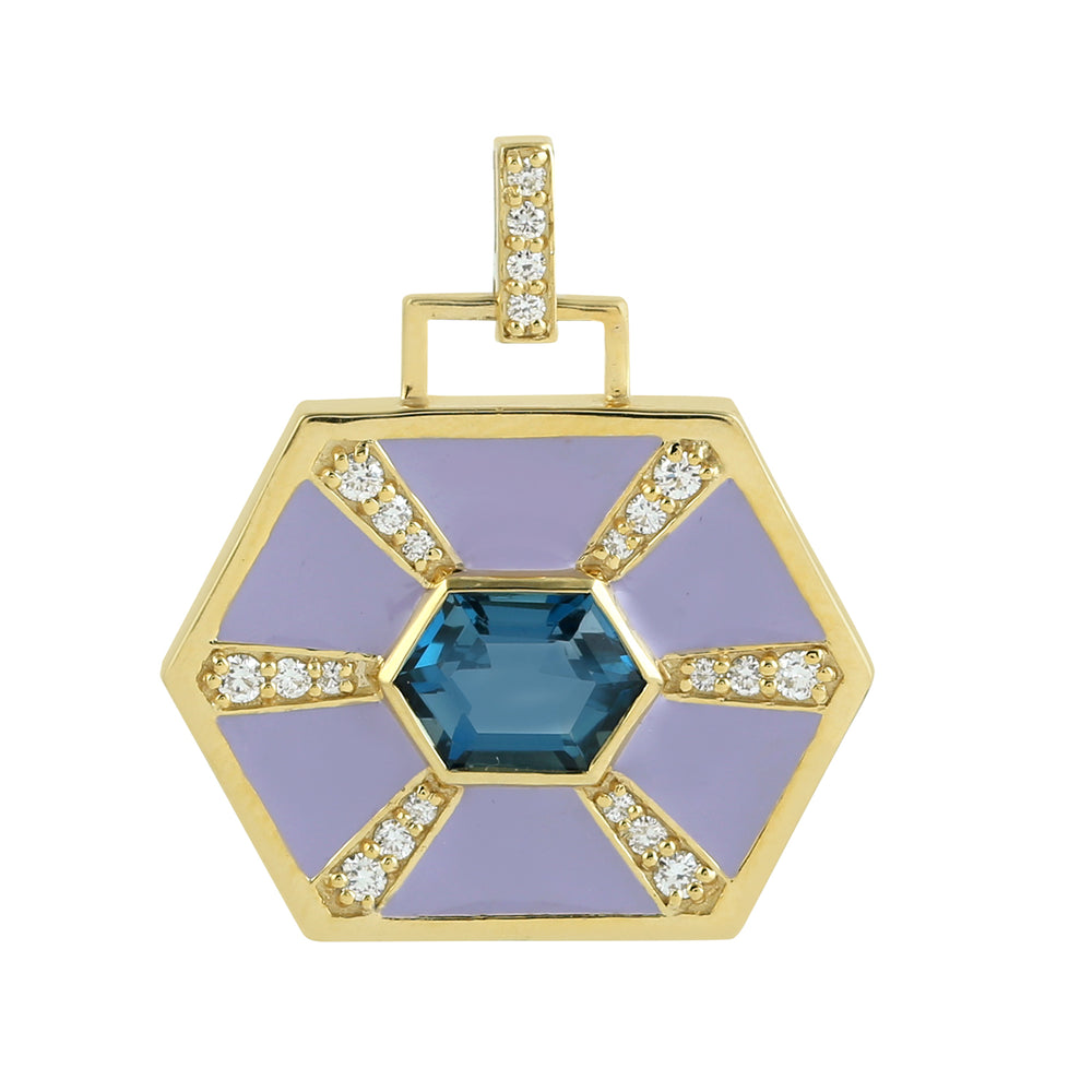 Micro Pave Diamond Blue Topaz Hexagon 14k Gold Pendant – Gift Jewelry