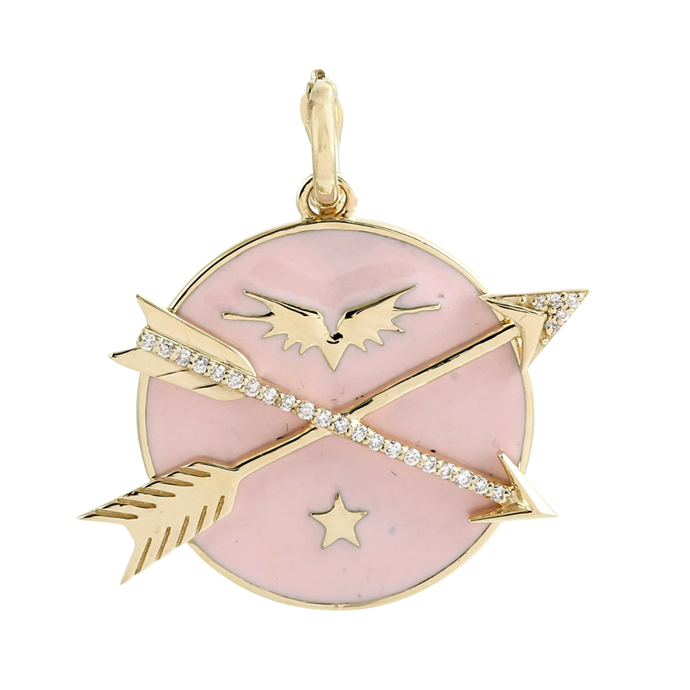Pink Enamel Compass Arrow Pendant with Diamonds in 14K Yellow Gold