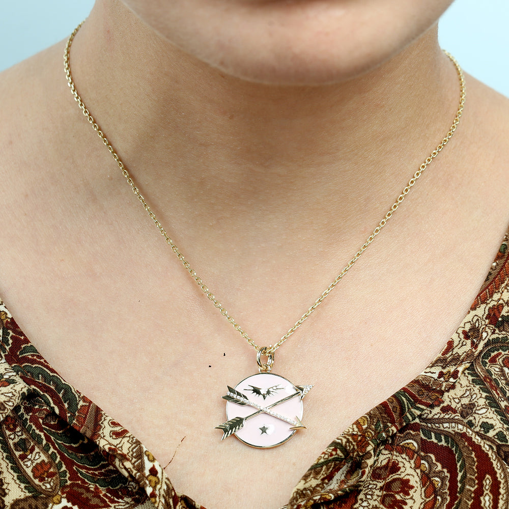 Pink Enamel Compass Arrow Pendant with Diamonds in 14K Yellow Gold