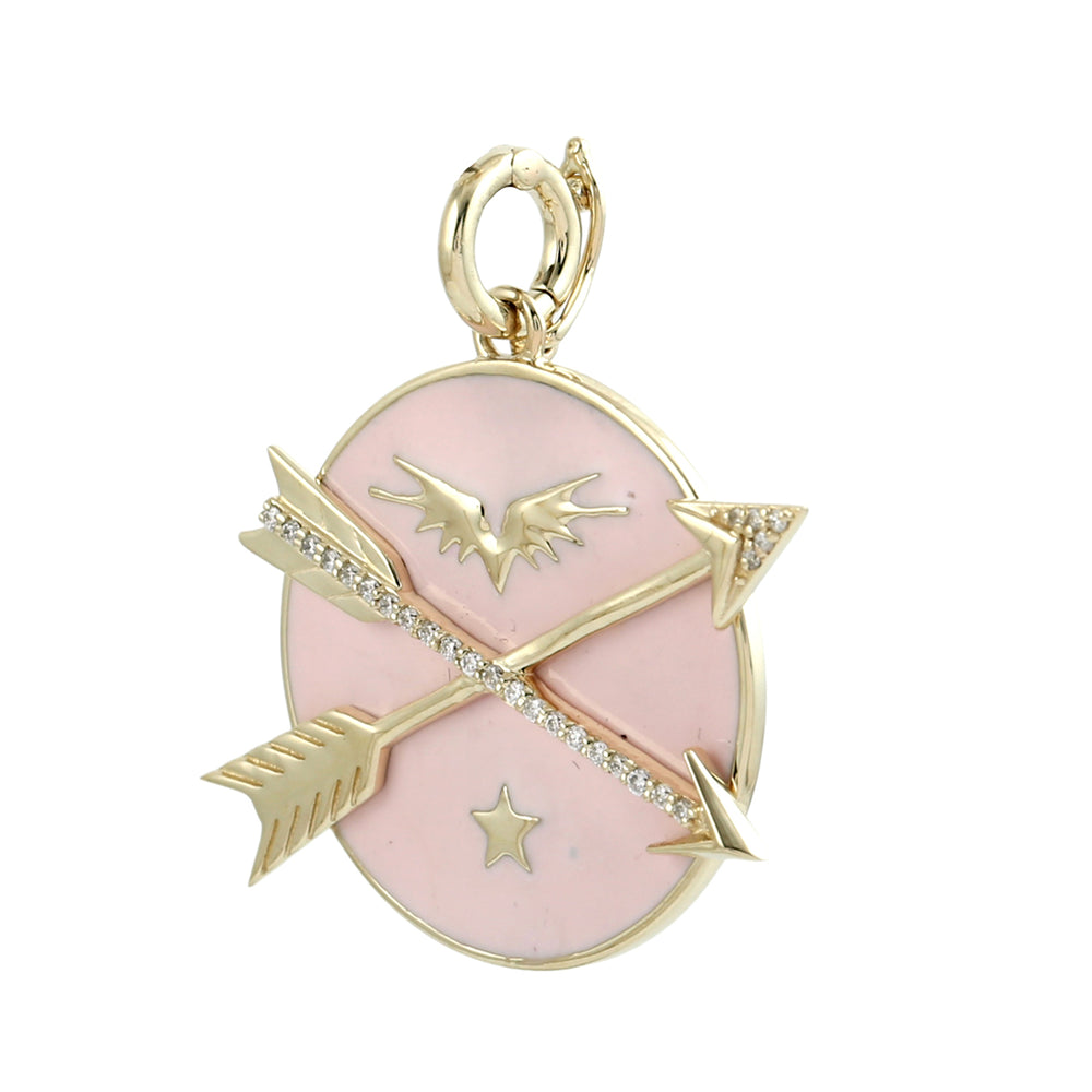 Pink Enamel Compass Arrow Pendant with Diamonds in 14K Yellow Gold
