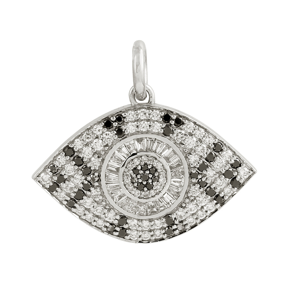 14K White Gold Pave Black And White Diamond Evil Eye Charm Pendant