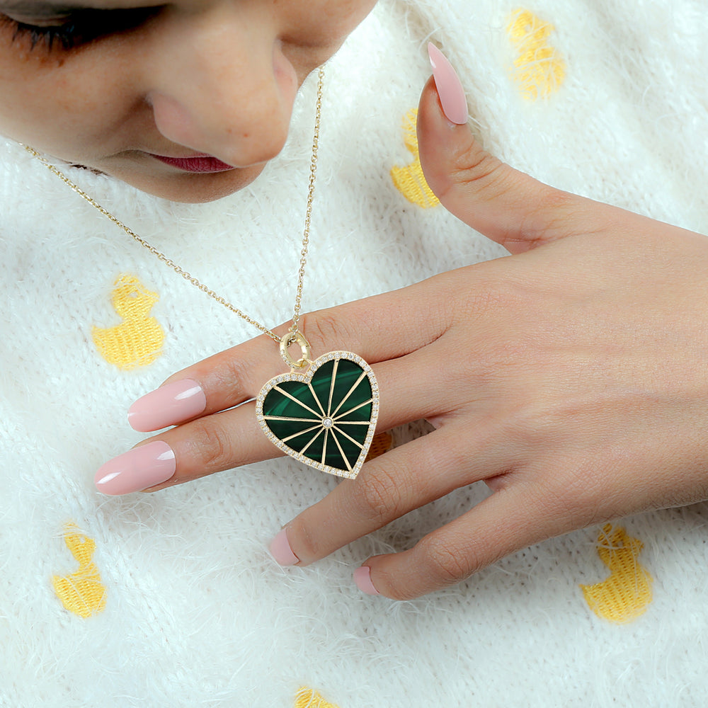 14K Yellow Gold Bezel Set Malachite Gemstone Pave Diamond Heart Pendant For Her