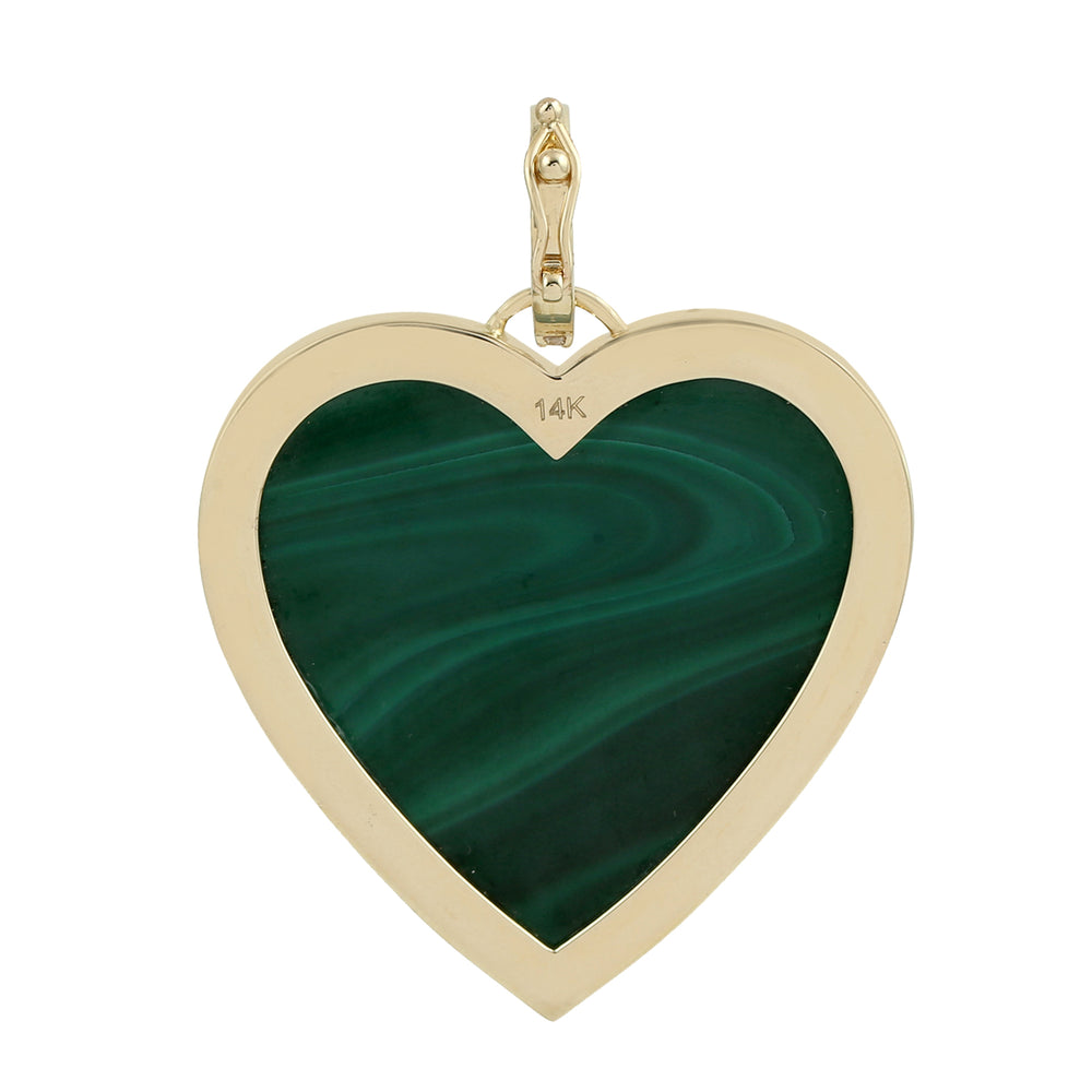 14K Yellow Gold Bezel Set Malachite Gemstone Pave Diamond Heart Pendant For Her