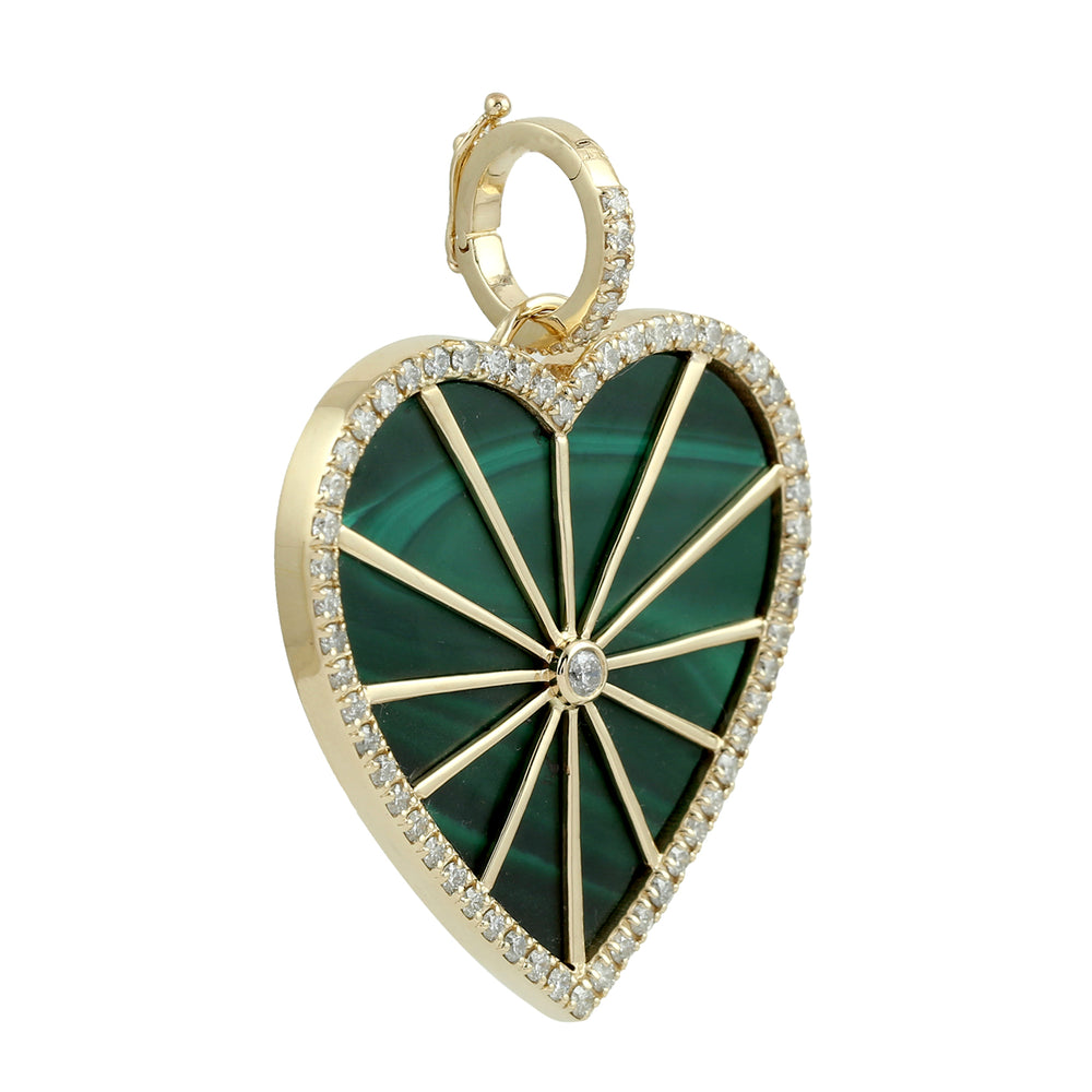 14K Yellow Gold Bezel Set Malachite Gemstone Pave Diamond Heart Pendant For Her